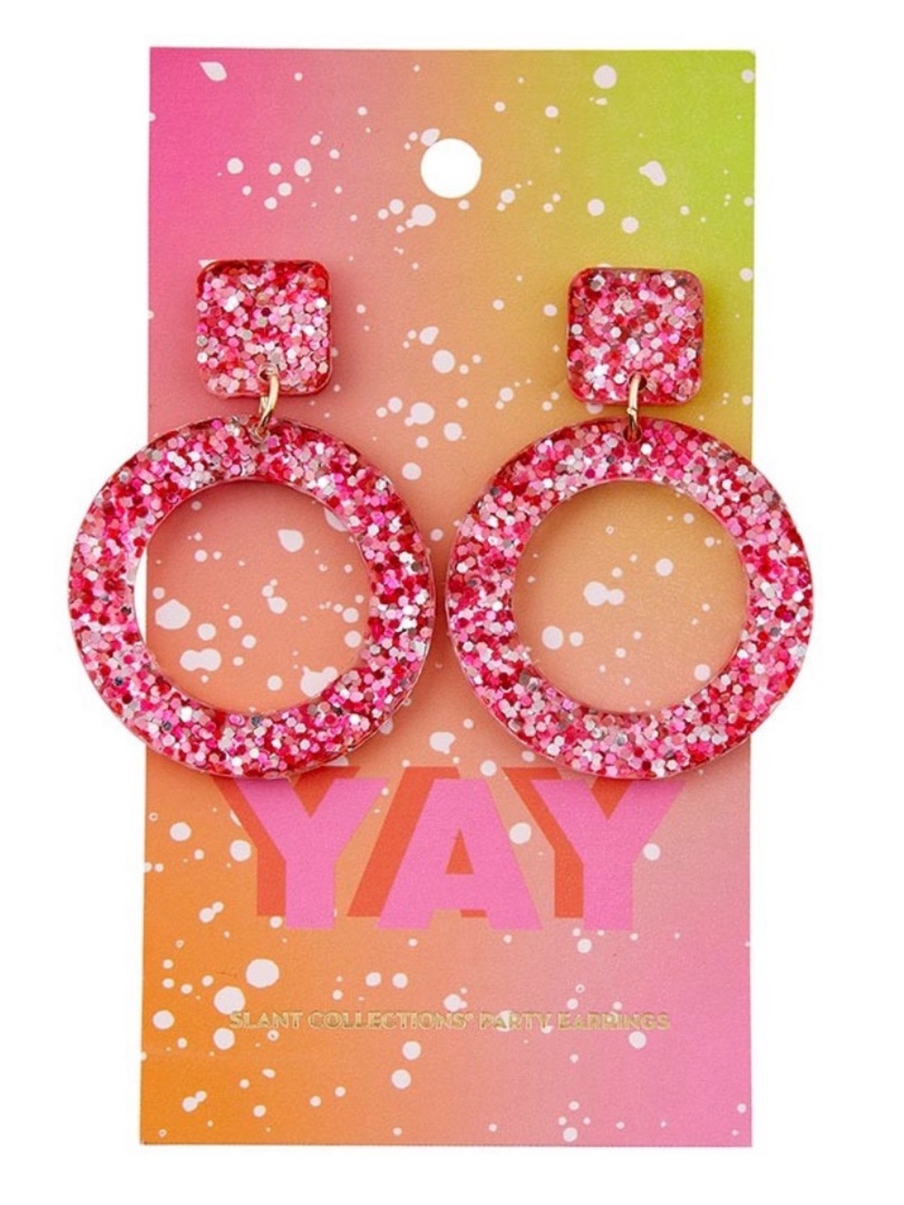 Bright Pink Glitter Hoop Drop Earrings